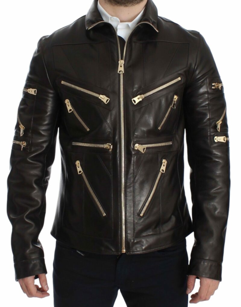 Dolce & Gabbana Elegant Brown Gold-Detailed Leather Jacket - Image 6