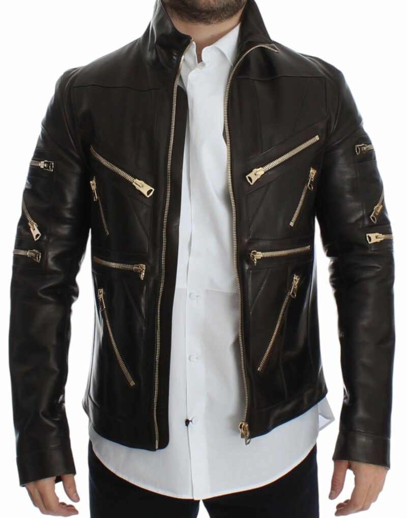 Dolce & Gabbana Elegant Brown Gold-Detailed Leather Jacket - Image 5
