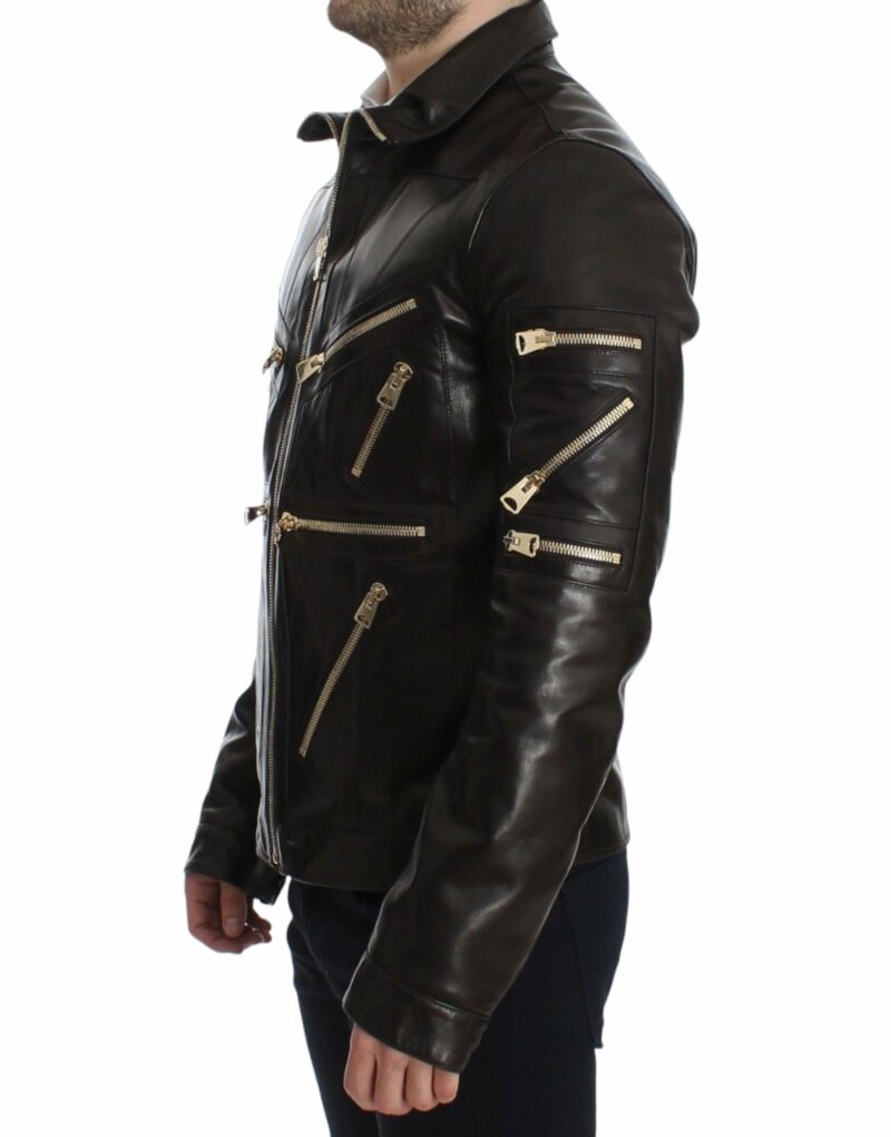 Dolce & Gabbana Elegant Brown Gold-Detailed Leather Jacket - Image 2