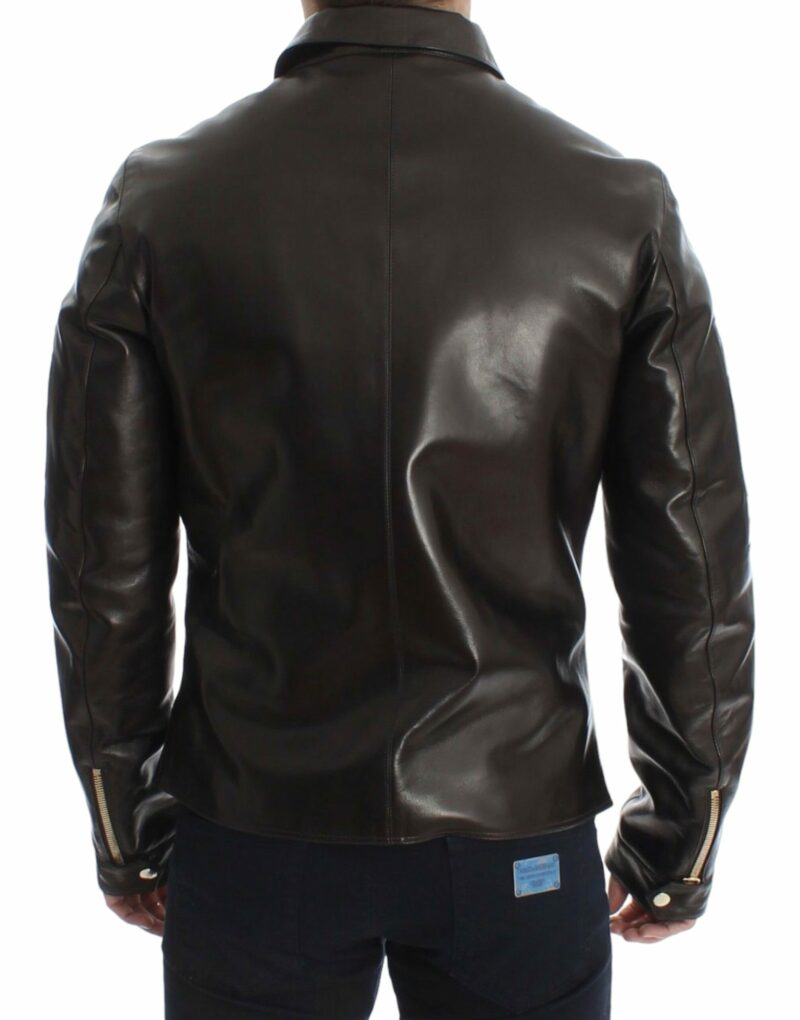 Dolce & Gabbana Elegant Brown Gold-Detailed Leather Jacket - Image 3
