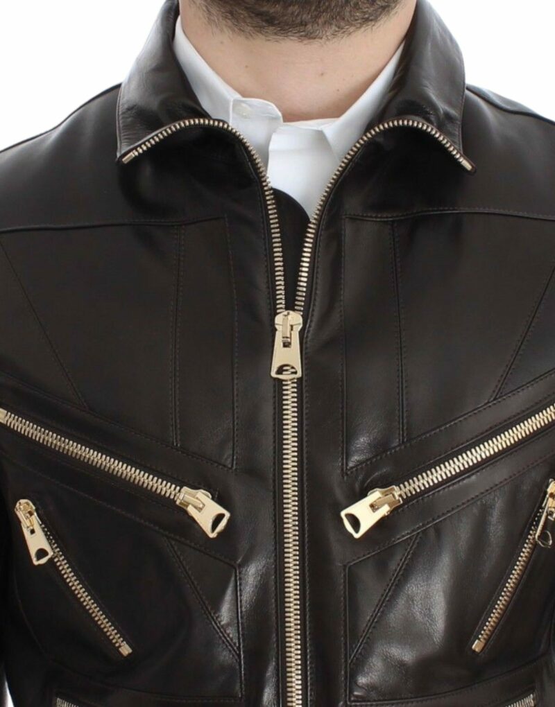Dolce & Gabbana Elegant Brown Gold-Detailed Leather Jacket - Image 7
