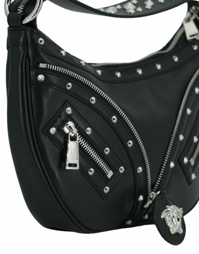 Versace Elegant Black Leather Hobo Shoulder Bag - Image 3