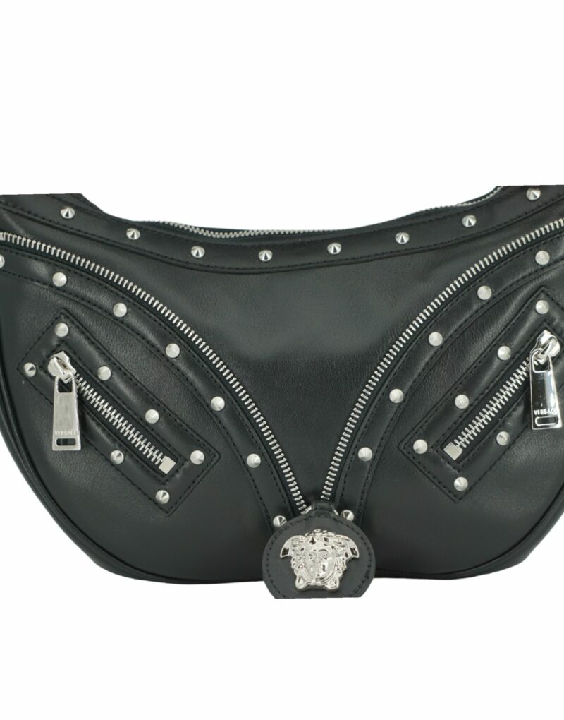 Versace Elegant Black Leather Hobo Shoulder Bag - Image 4