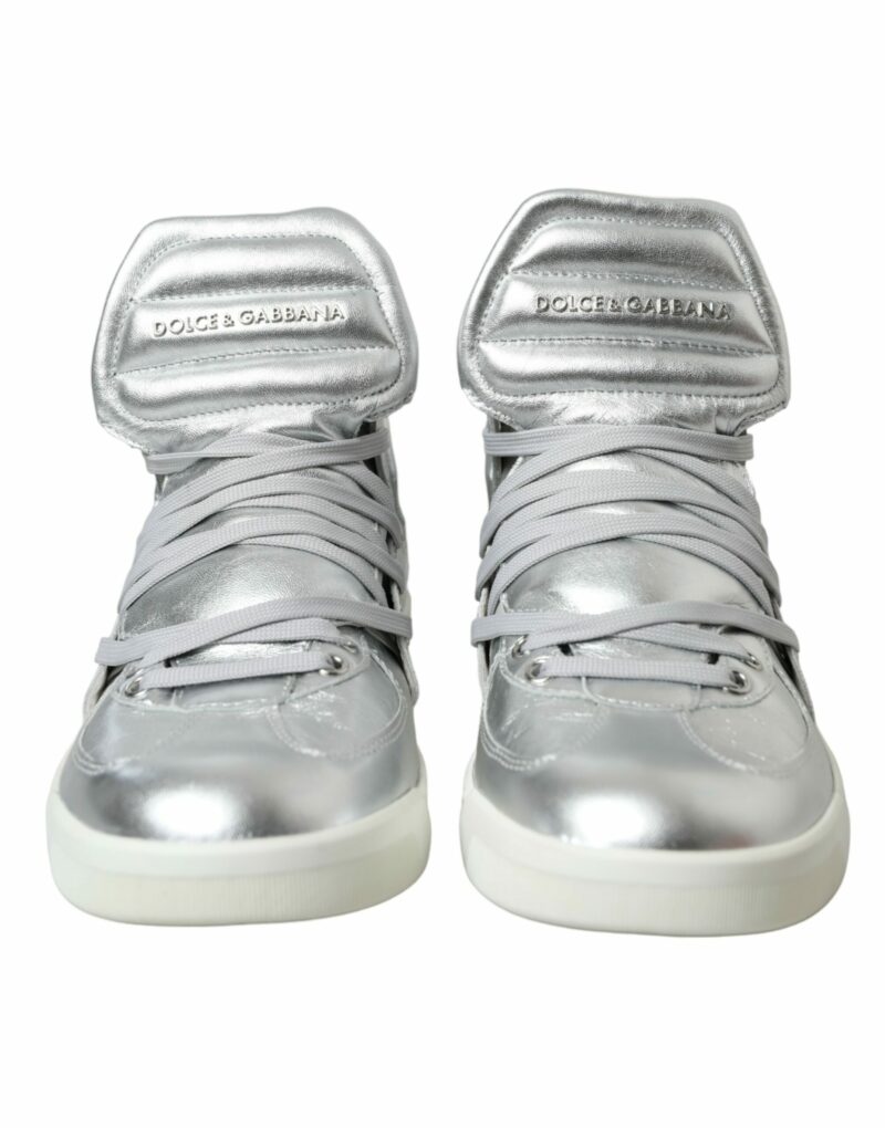 Dolce & Gabbana Silver Leather High-Top Sneakers - Image 2