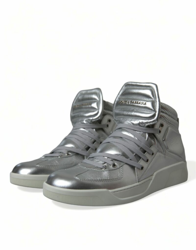Dolce & Gabbana Silver Leather High-Top Sneakers - Image 3