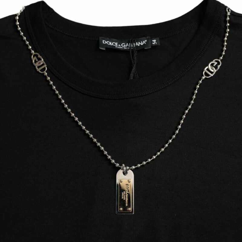 Dolce & Gabbana Elegant Black Cotton Crewneck Tee with Dog Tag Detail - Image 3