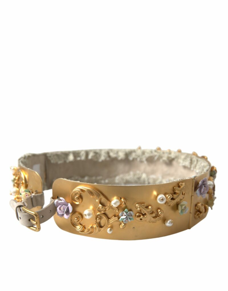 Dolce & Gabbana Elegant Gold-Tone Faux Pearl Floral Belt - Image 3