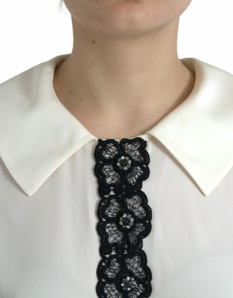 Dolce & Gabbana Elegant Off-White Lace-Trim Silk Blouse - Image 4