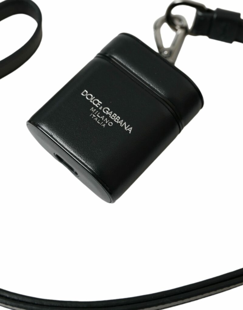 Dolce & Gabbana Black Leather Strap Silver Metal Logo Printed Airpods Case - Image 3