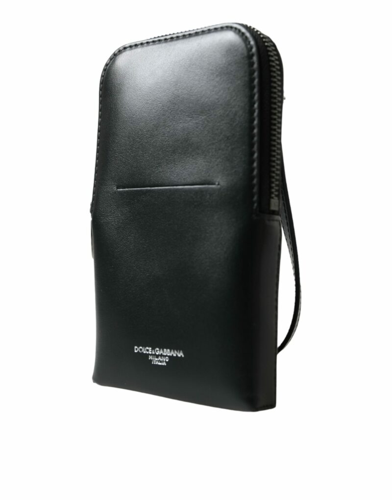 Dolce & Gabbana Black Leather Zip Around Logo Print Lanyard Strap Wallet - Image 3