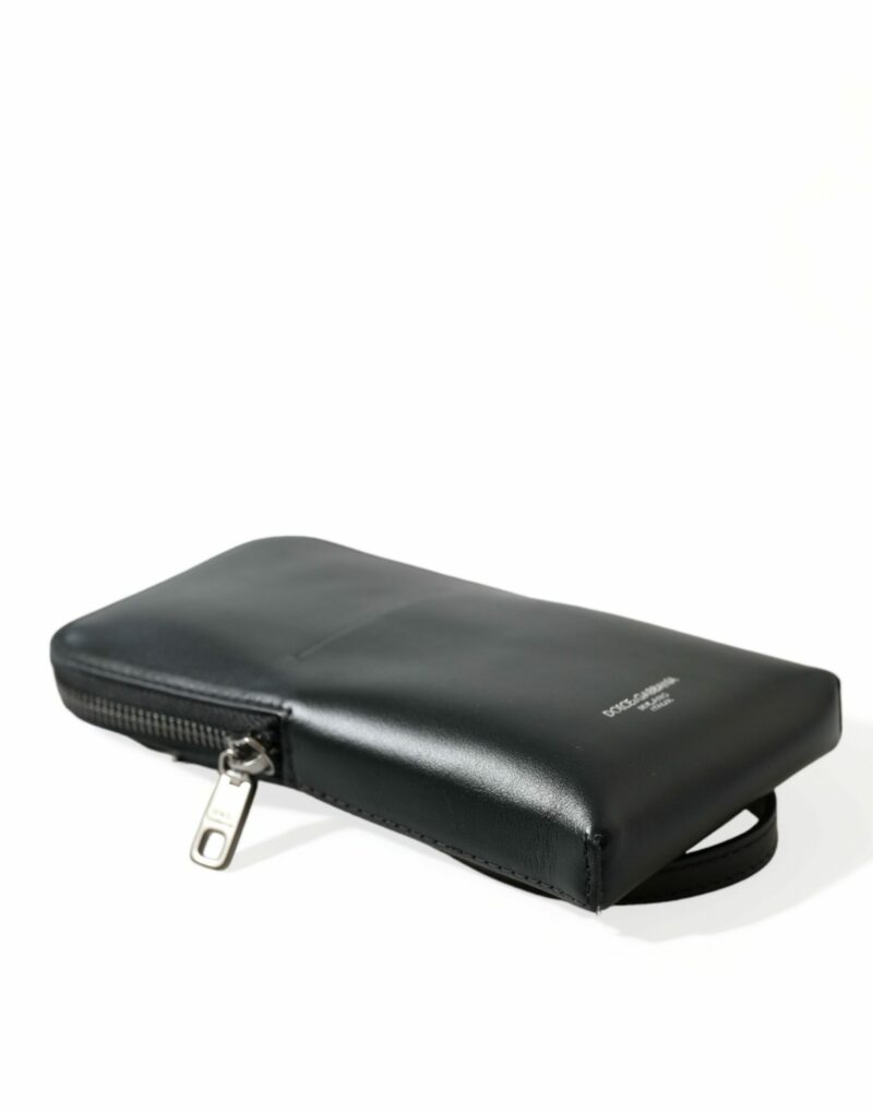 Dolce & Gabbana Black Leather Zip Around Logo Print Lanyard Strap Wallet - Image 5