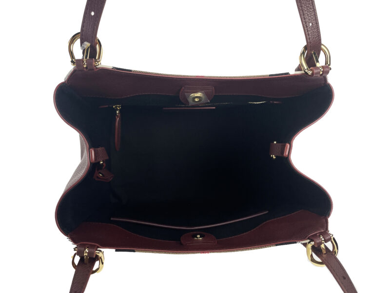 Burberry Small Canterby Mahogany Leather Check Canvas Tote Bag Purse - Image 2