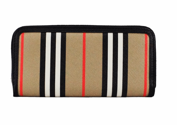 Burberry Ellerby Black Leather Icon Stripe Canvas Zip Around Continental Wallet