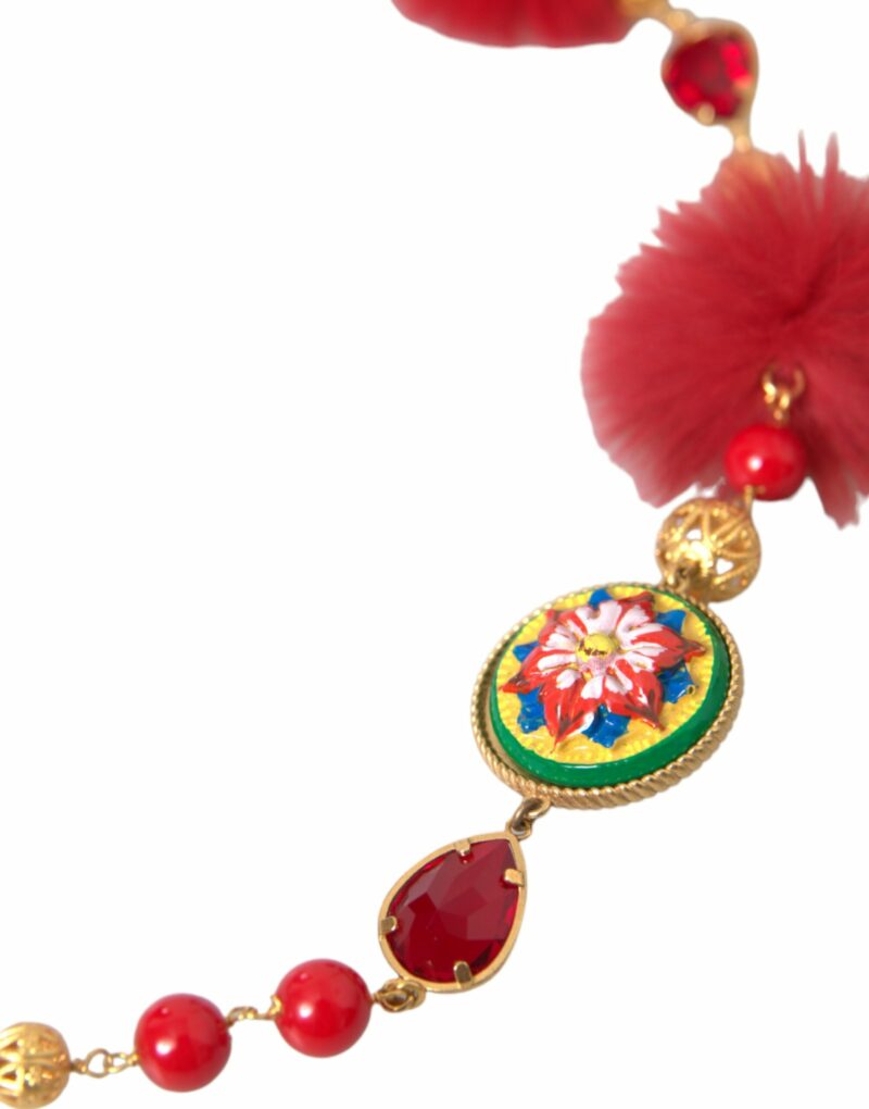 Dolce & Gabbana Gold Brass Red Fur Crystal Carretto Chain Necklace - Image 2