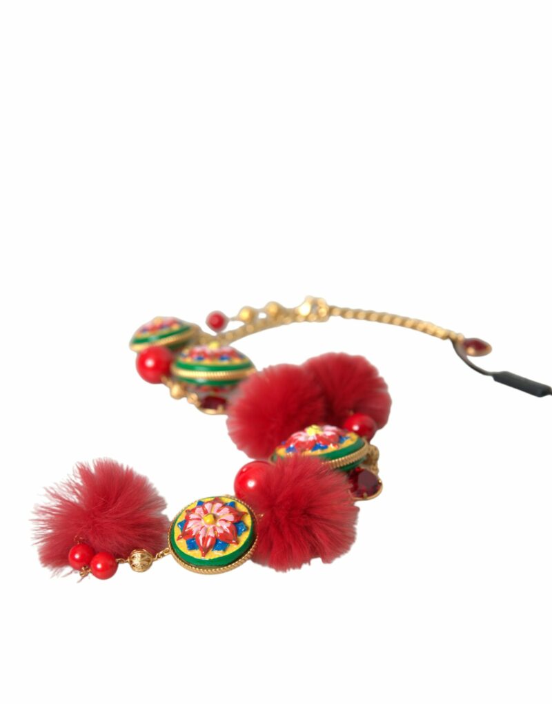 Dolce & Gabbana Gold Brass Red Fur Crystal Waist Torero Waist Belt - Image 6