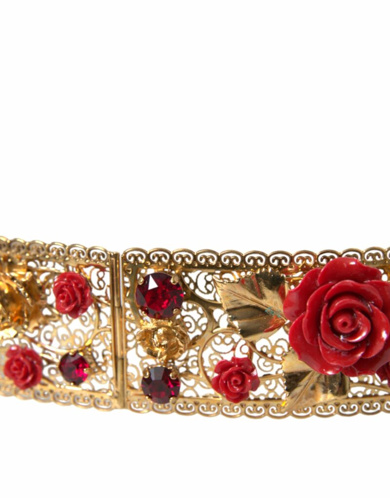Dolce & Gabbana Gold Brass Red Roses Crystal Jewel Waist Belt - Image 4