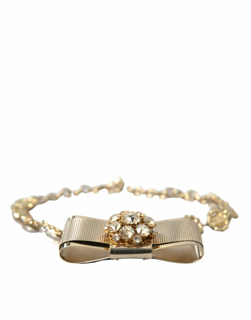 Dolce & Gabbana Gold Brass Clear Crystal Bow Chain Choker Necklace - Image 5