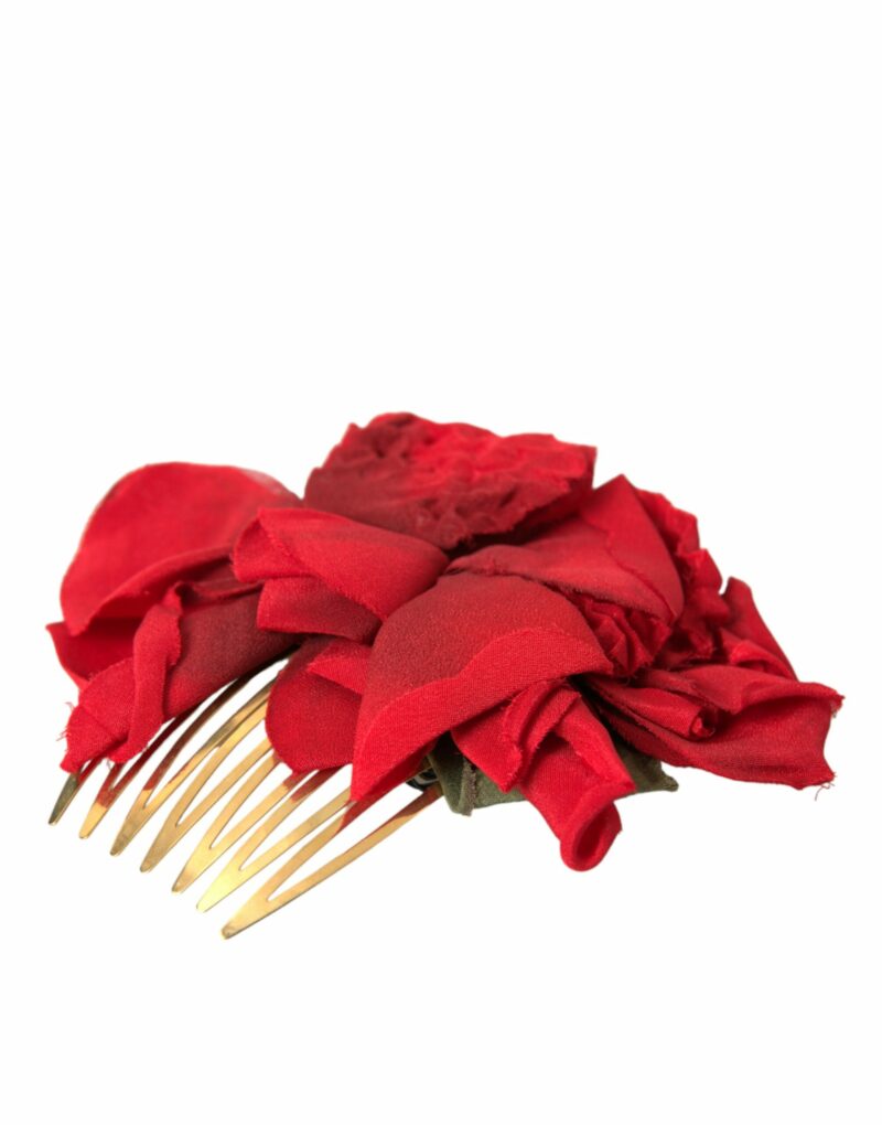 Dolce & Gabbana Red Silk Floral Gold Brass Women Hair Comb - Image 2