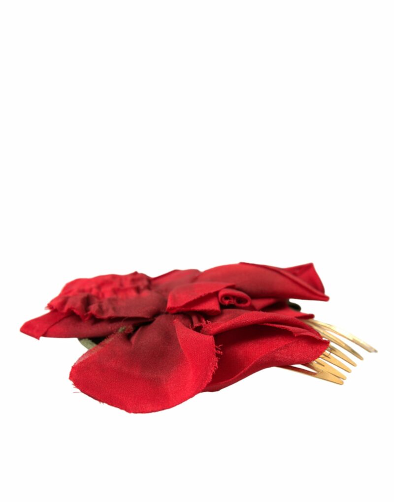 Dolce & Gabbana Red Silk Floral Gold Brass Women Hair Comb - Image 4