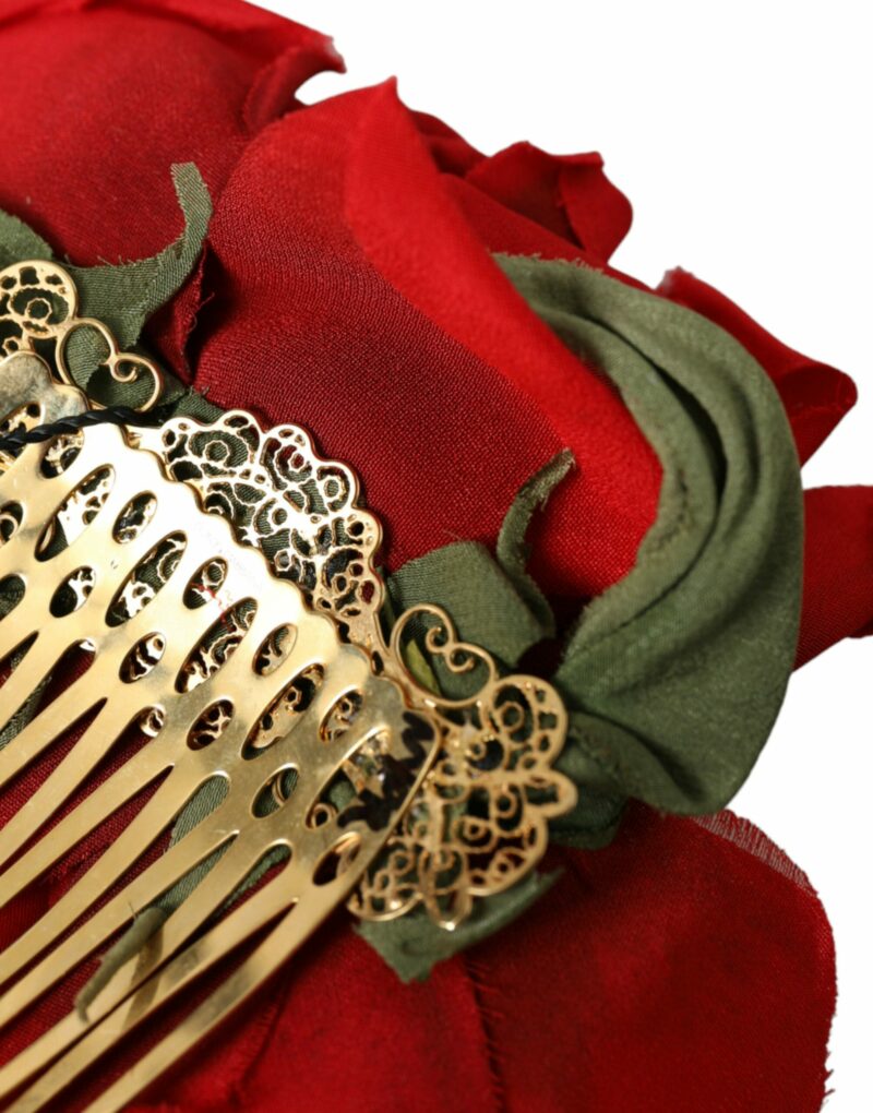 Dolce & Gabbana Red Silk Floral Gold Brass Women Hair Comb - Image 5