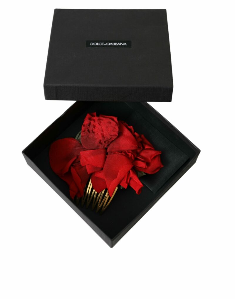 Dolce & Gabbana Red Silk Floral Gold Brass Women Hair Comb - Image 7