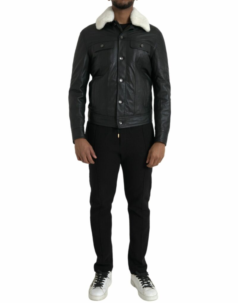 Dolce & Gabbana Black Leather Fur Collar Biker Coat Jacket - Image 2