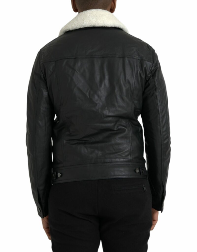 Dolce & Gabbana Black Leather Fur Collar Biker Coat Jacket - Image 3