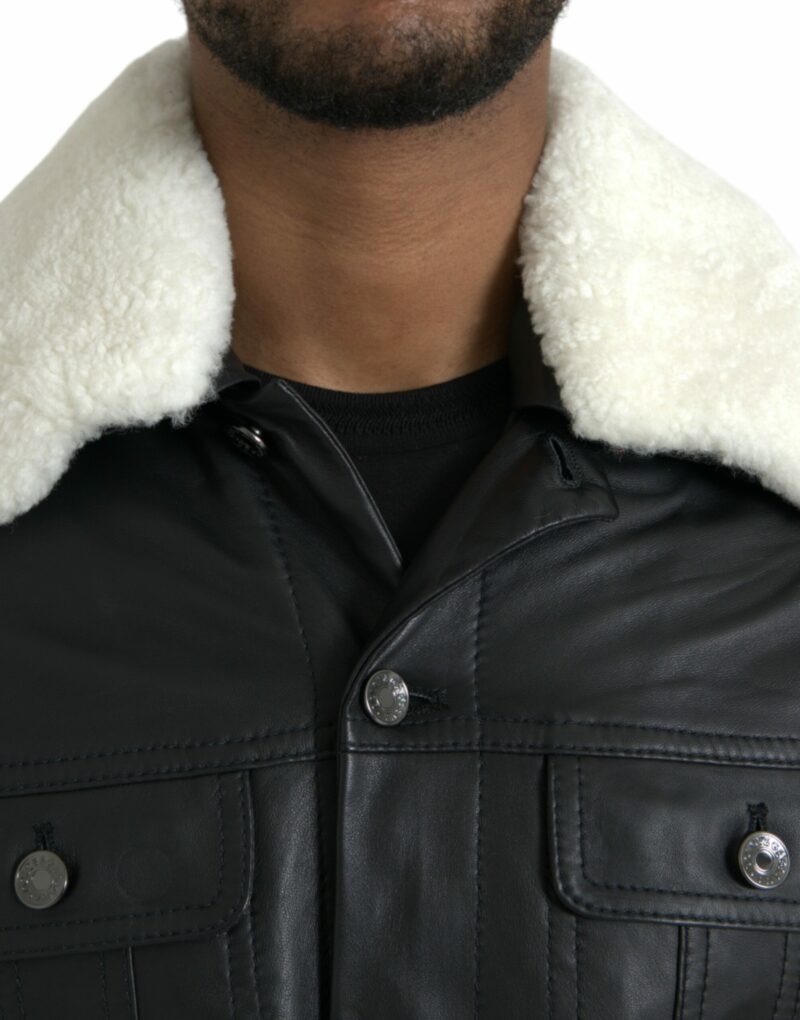 Dolce & Gabbana Black Leather Fur Collar Biker Coat Jacket - Image 4