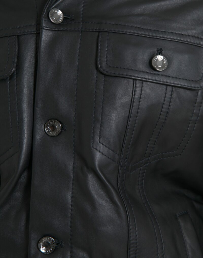 Dolce & Gabbana Black Leather Fur Collar Biker Coat Jacket - Image 5