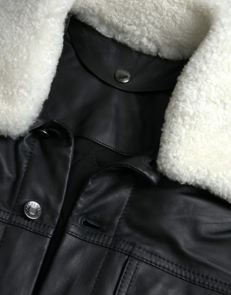 Dolce & Gabbana Black Leather Fur Collar Biker Coat Jacket - Image 7