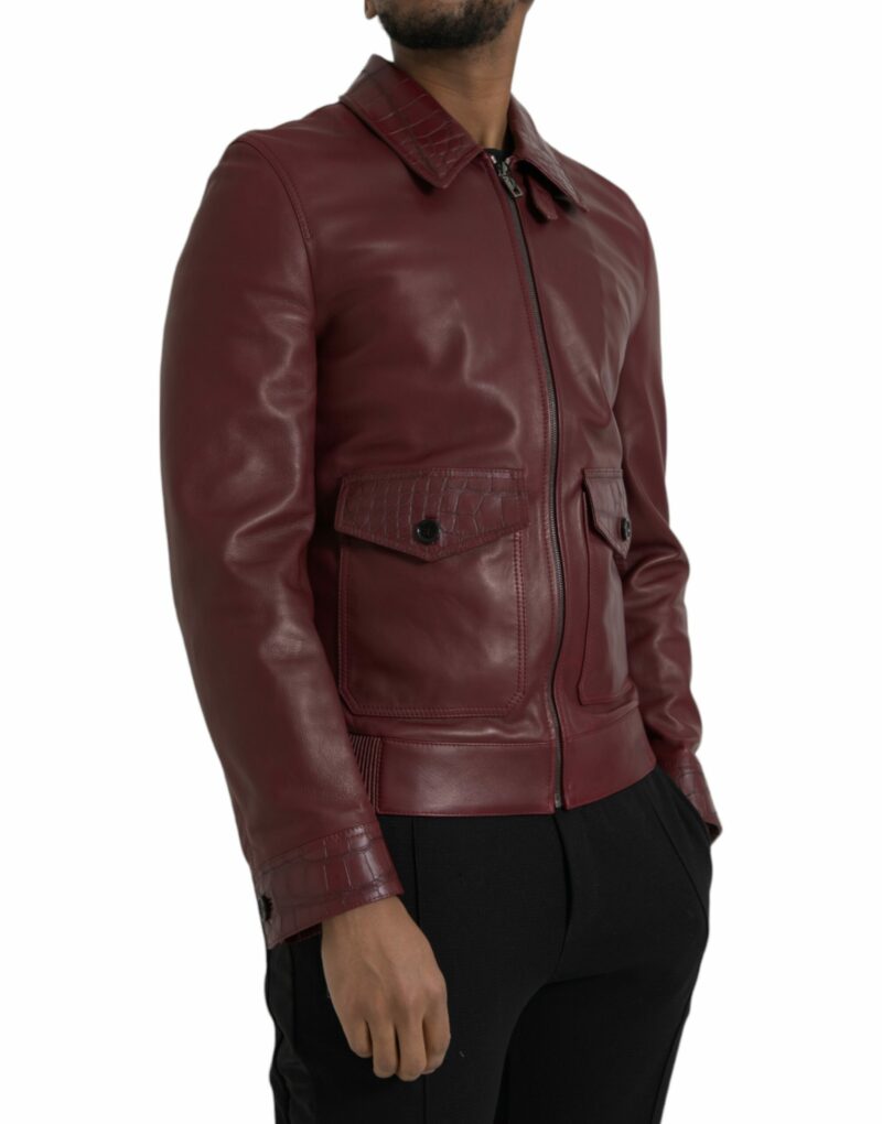 Dolce & Gabbana Maroon Exotic Leather Zip Biker Coat Jacket - Image 2