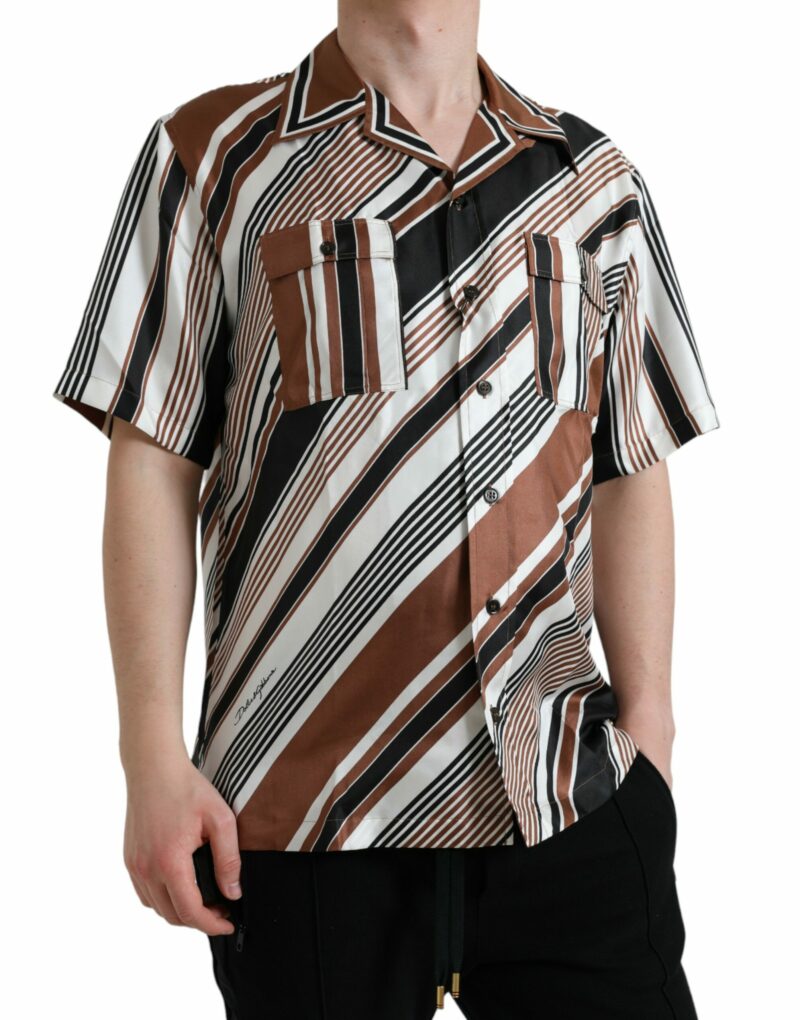 Dolce & Gabbana Brown White Silk Striped Short Sleeve Shirt - Image 2