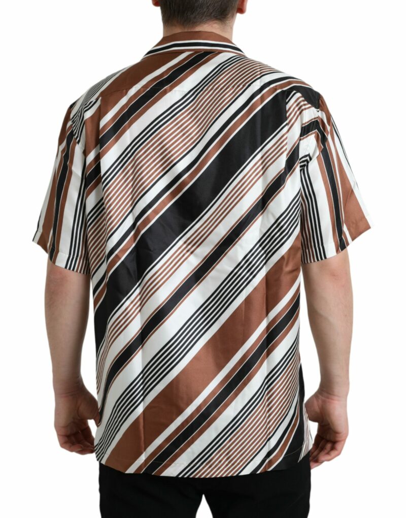 Dolce & Gabbana Brown White Silk Striped Short Sleeve Shirt - Image 3