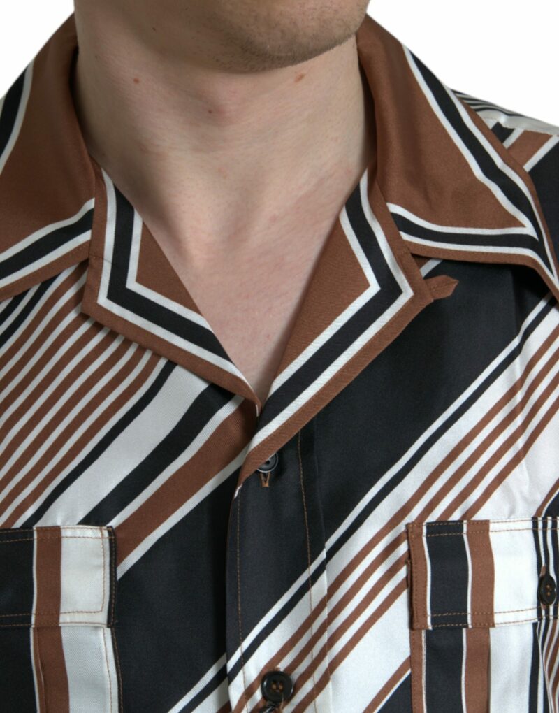 Dolce & Gabbana Brown White Silk Striped Short Sleeve Shirt - Image 4