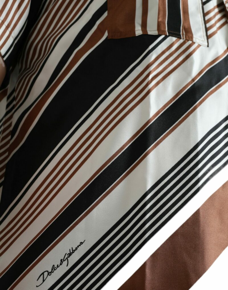 Dolce & Gabbana Brown White Silk Striped Short Sleeve Shirt - Image 5