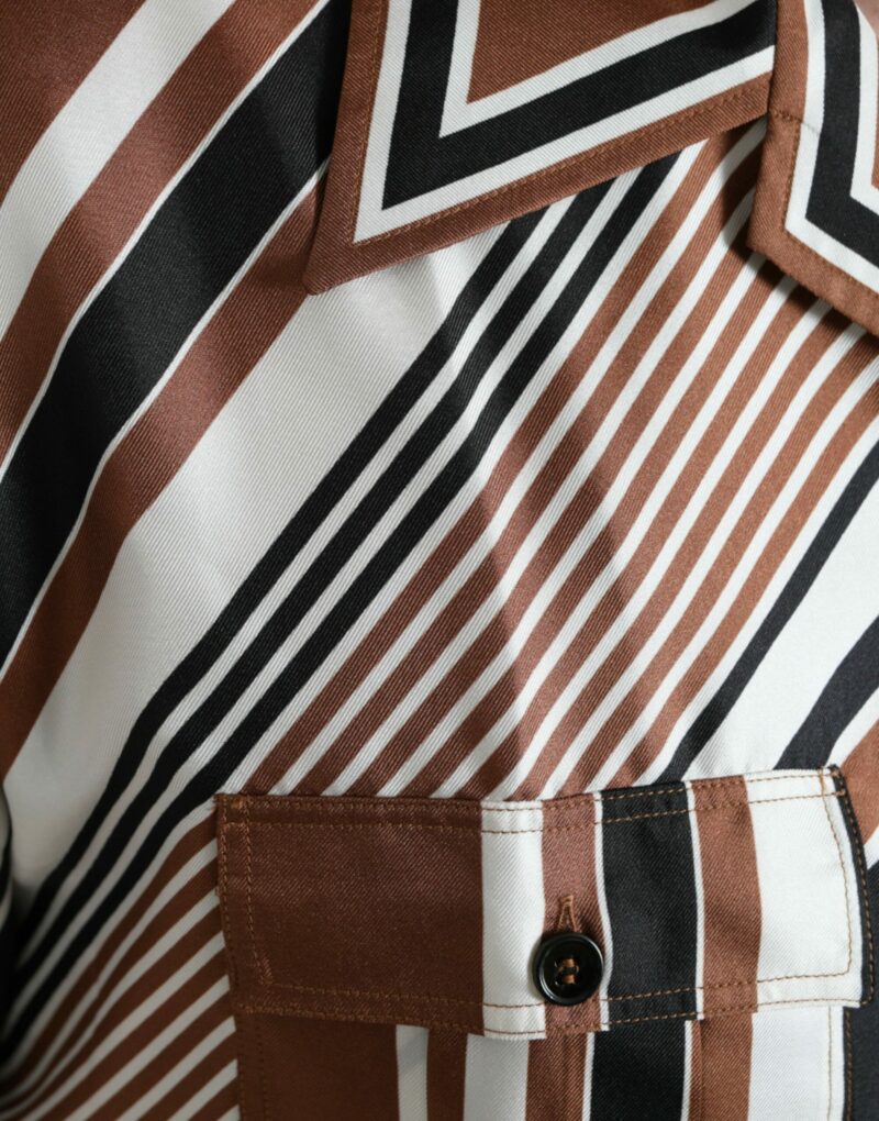 Dolce & Gabbana Brown White Silk Striped Short Sleeve Shirt - Image 6