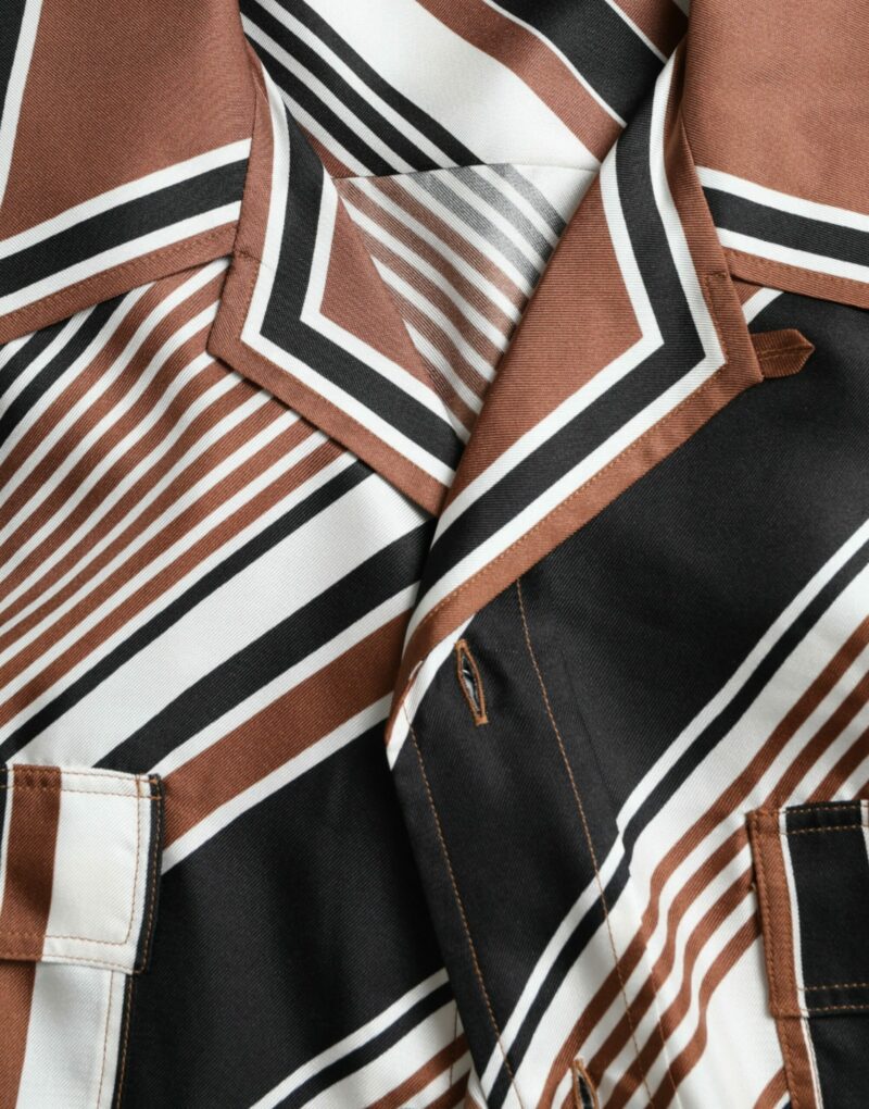 Dolce & Gabbana Brown White Silk Striped Short Sleeve Shirt - Image 7