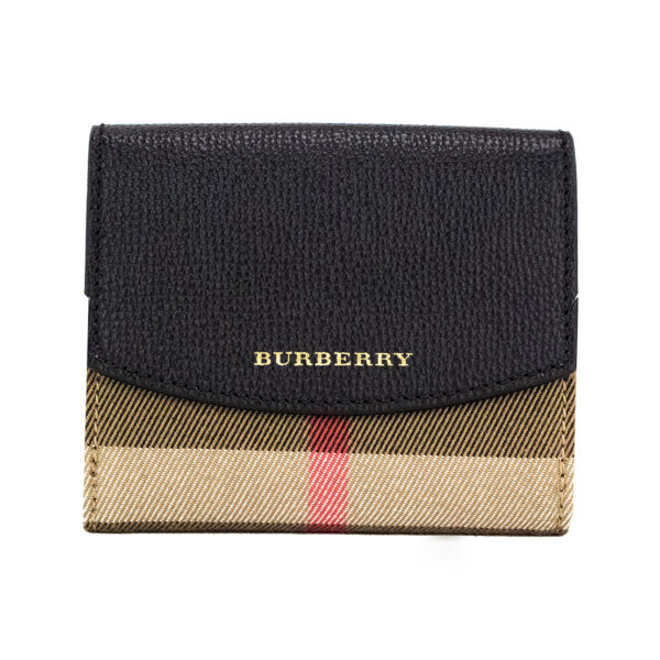 Burberry Luna Black Grained Leather House Check Canvas Coin Pouch Snap Wallet