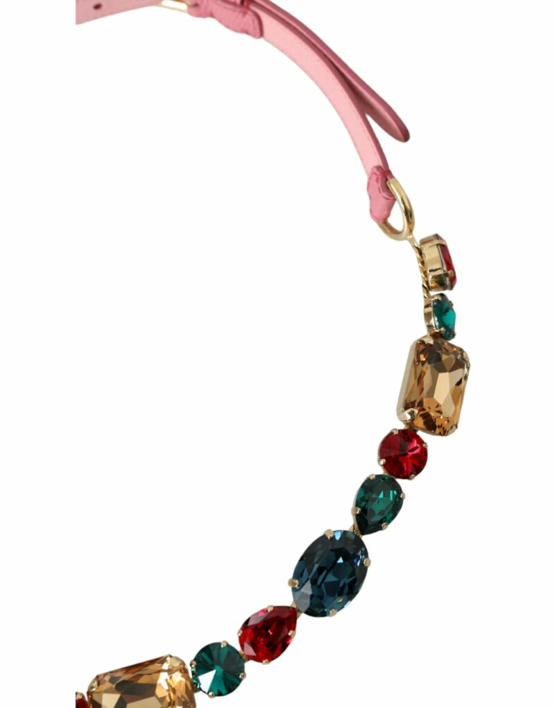 Dolce & Gabbana Pink Leather Crystal Chain Embellished Belt - Image 3