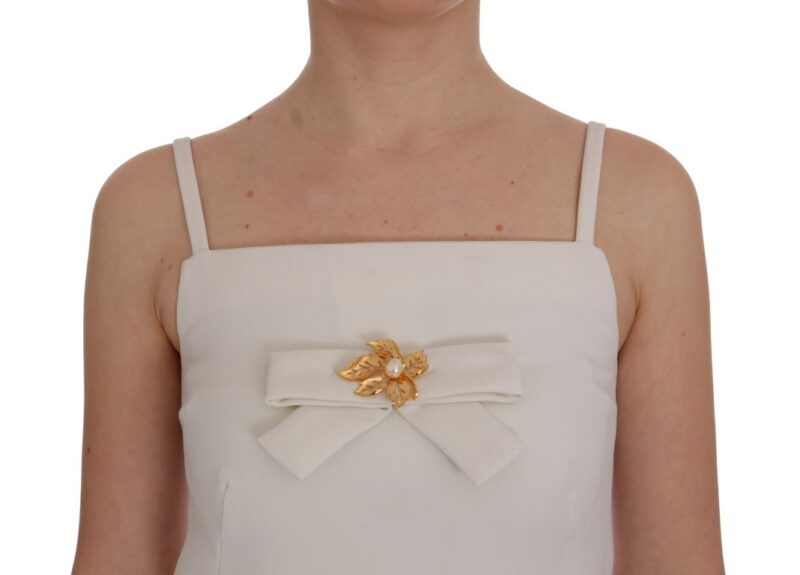 Dolce & Gabbana Elegant White Wool Shift Dress with Gold Brooch - Image 5