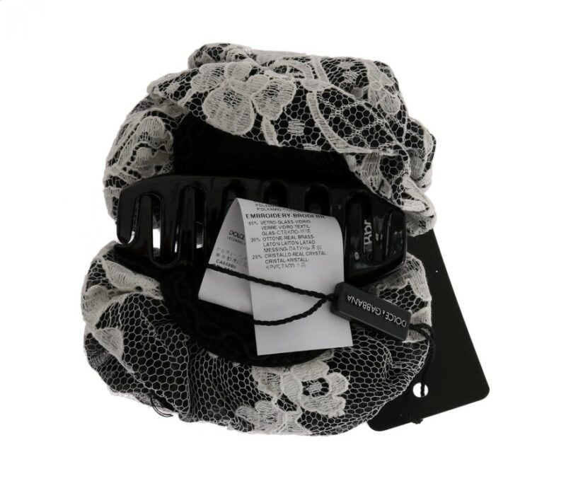 Dolce & Gabbana Elegant Black & White Floral Lace Crystal Hair Claw - Image 3