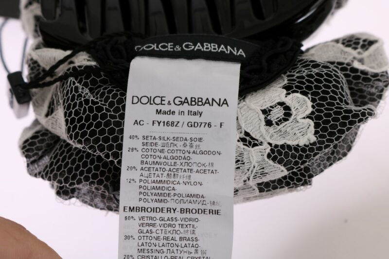 Dolce & Gabbana Elegant Black & White Floral Lace Crystal Hair Claw - Image 6