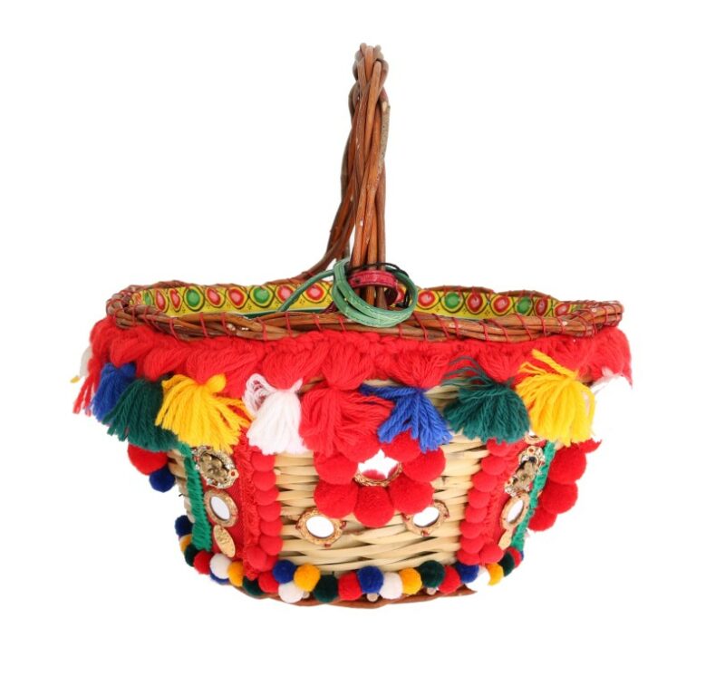 Dolce & Gabbana Elegant Beige Straw & Exotic Skins Pom Pom Tote - Image 2