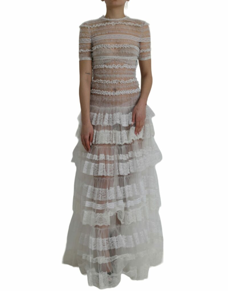 Dolce & Gabbana White Nylon Sheer Tiered Lace Maxi Dress - Image 2