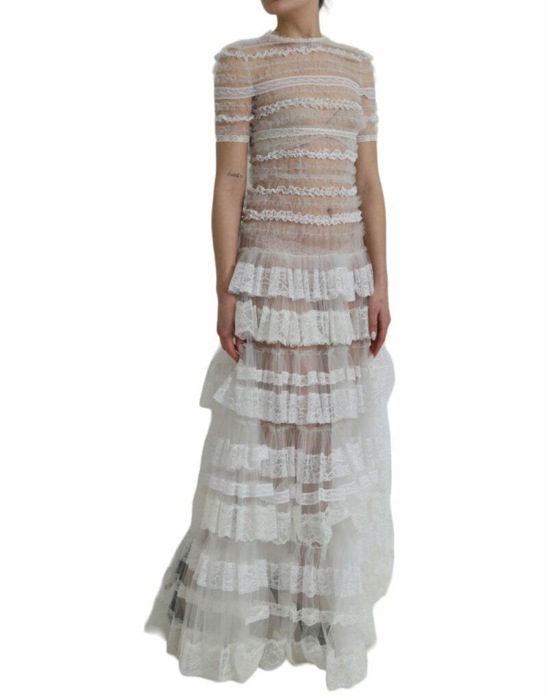 Dolce & Gabbana White Nylon Sheer Tiered Lace Maxi Dress - Image 3