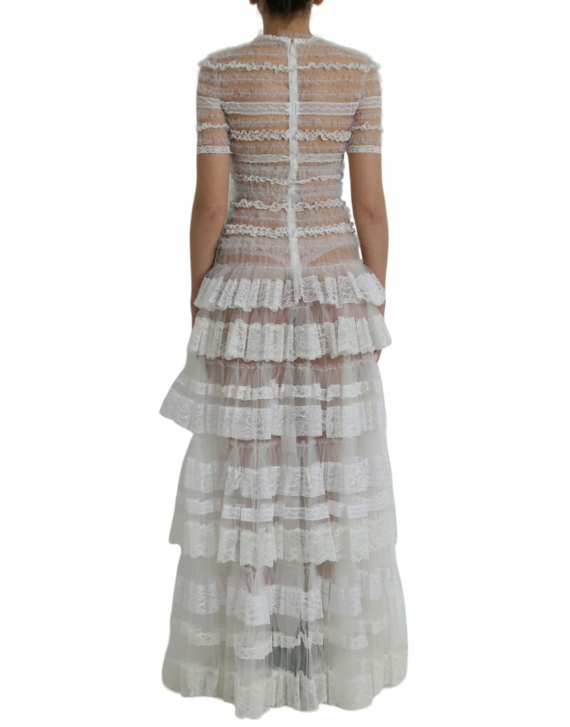Dolce & Gabbana White Nylon Sheer Tiered Lace Maxi Dress - Image 4