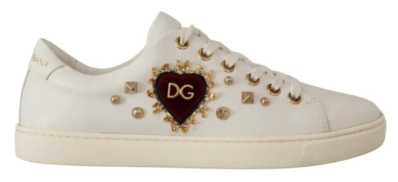 Dolce & Gabbana White Leather Gold Red Heart Sneakers Shoes - Image 5