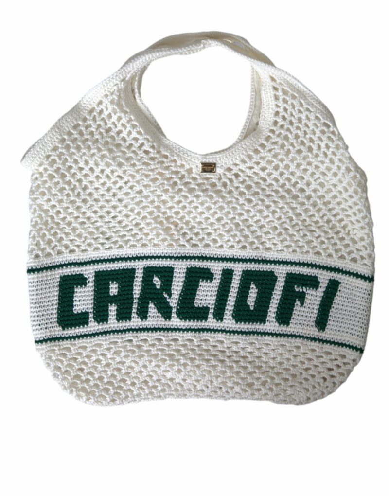 Dolce & Gabbana White Green Knitted Cotton Logo Shopping Tote Bag - Image 2