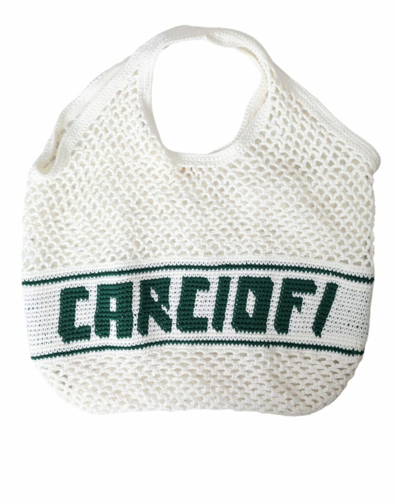 Dolce & Gabbana White Green Knitted Cotton Logo Shopping Tote Bag - Image 6