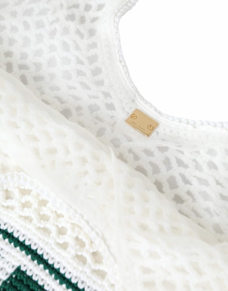 Dolce & Gabbana White Green Knitted Cotton Logo Shopping Tote Bag - Image 7